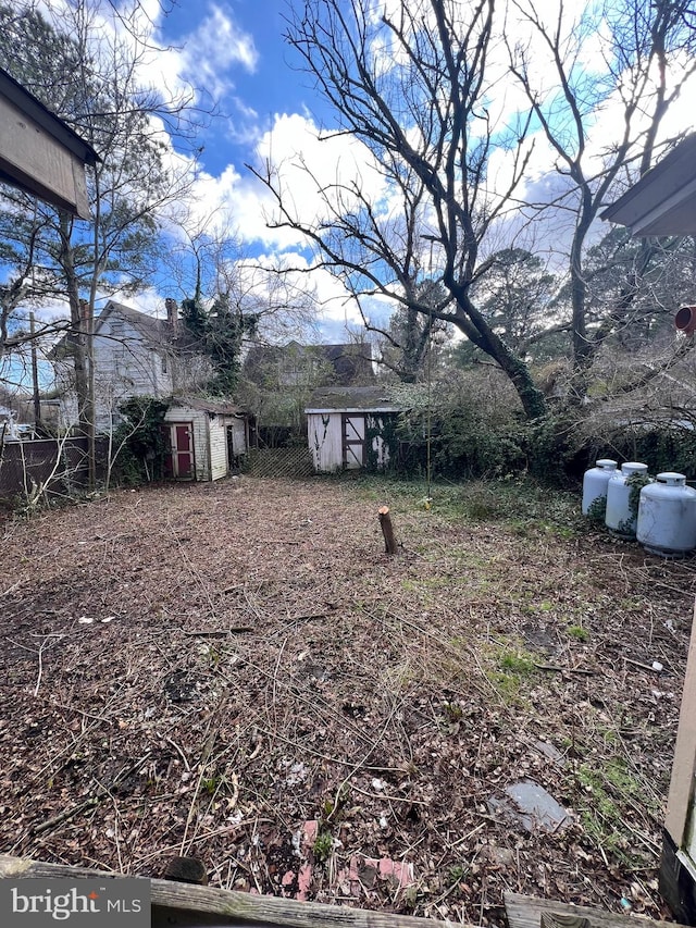 view of yard featuring a storage unit