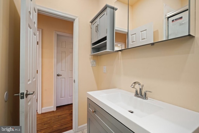 bathroom with vanity and hardwood / wood-style floors