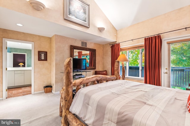 carpeted bedroom with access to outside and lofted ceiling