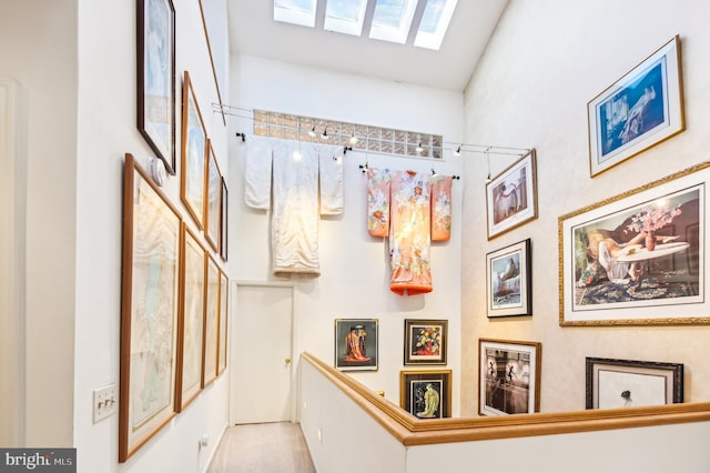 hall with a towering ceiling and a skylight