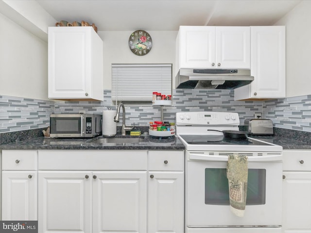 kitchen featuring white cabinetry and white electric range oven