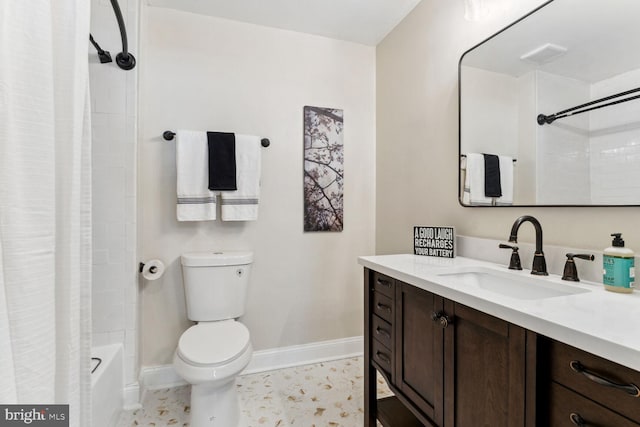 full bathroom featuring vanity, shower / tub combo, toilet, and tile patterned floors