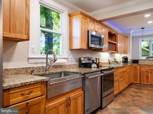 kitchen with crown molding, decorative light fixtures, light stone countertops, stainless steel appliances, and sink