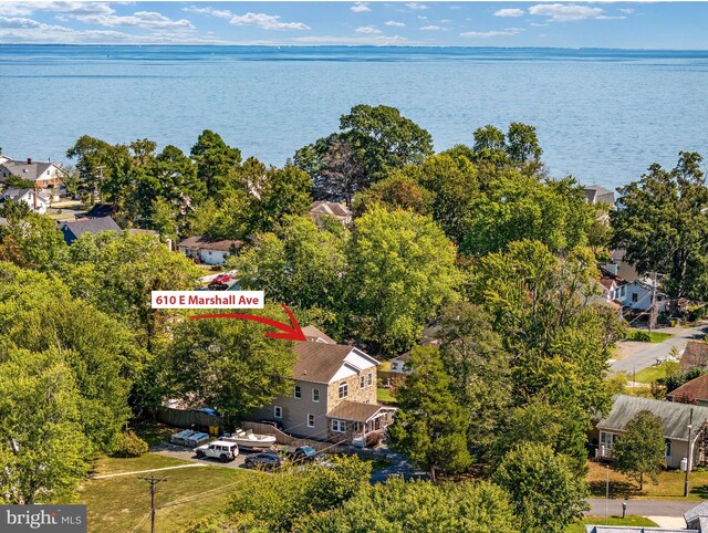 aerial view featuring a water view