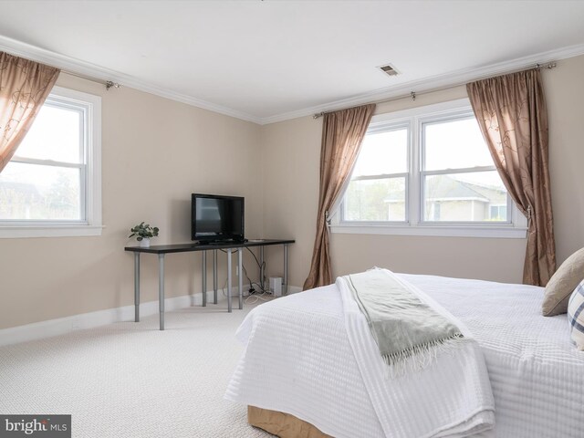 bedroom featuring multiple windows, ornamental molding, and carpet floors