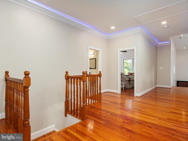 interior space featuring light hardwood / wood-style flooring and ornamental molding