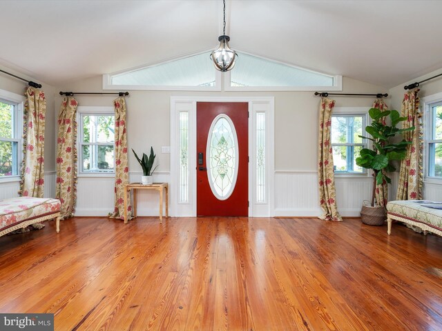 entrance foyer featuring lofted ceiling, hardwood / wood-style flooring, and a healthy amount of sunlight