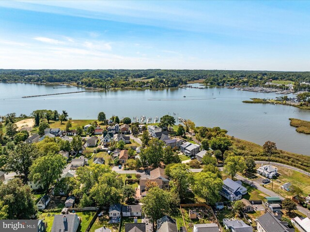 drone / aerial view featuring a water view