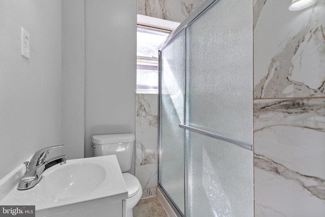 bathroom with an enclosed shower, toilet, and vanity