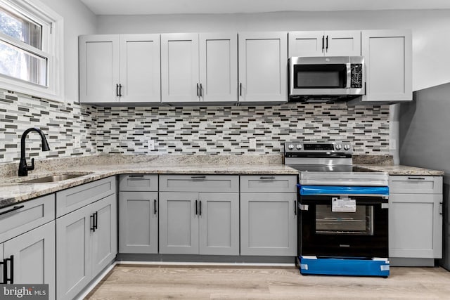 kitchen featuring light hardwood / wood-style flooring, appliances with stainless steel finishes, decorative backsplash, and sink