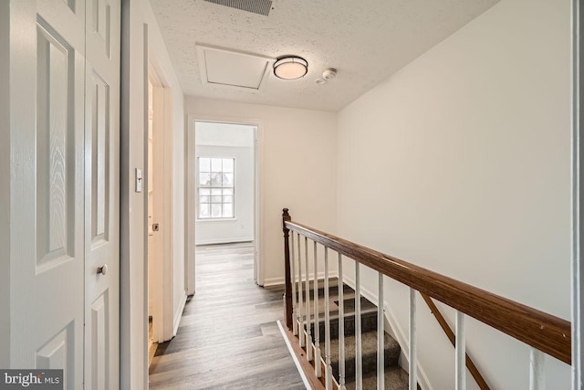 hallway with light hardwood / wood-style flooring and a textured ceiling