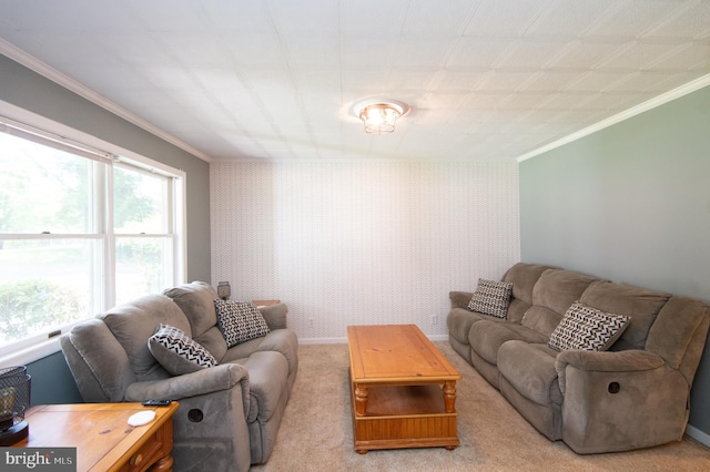 living room with crown molding and light carpet