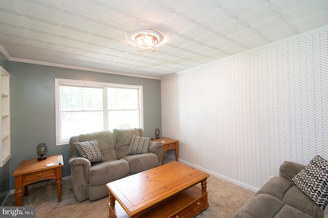 carpeted living room with crown molding