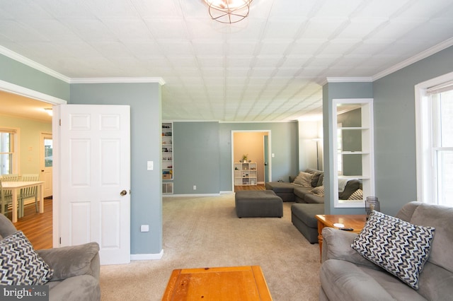 carpeted living room with crown molding