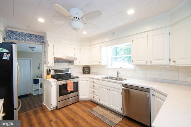 kitchen featuring white cabinets, ceiling fan, stainless steel appliances, and sink