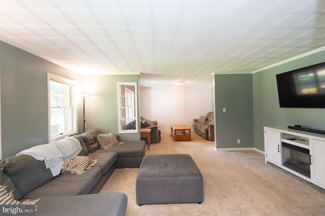 carpeted living room with crown molding