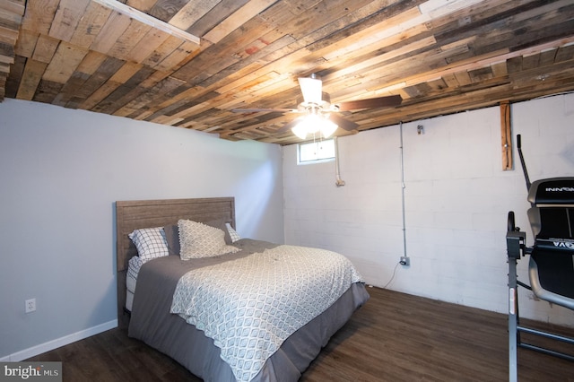 bedroom with wooden ceiling, dark hardwood / wood-style flooring, and ceiling fan