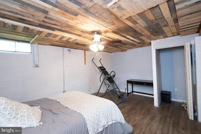 bedroom featuring wooden ceiling, dark hardwood / wood-style flooring, and ceiling fan