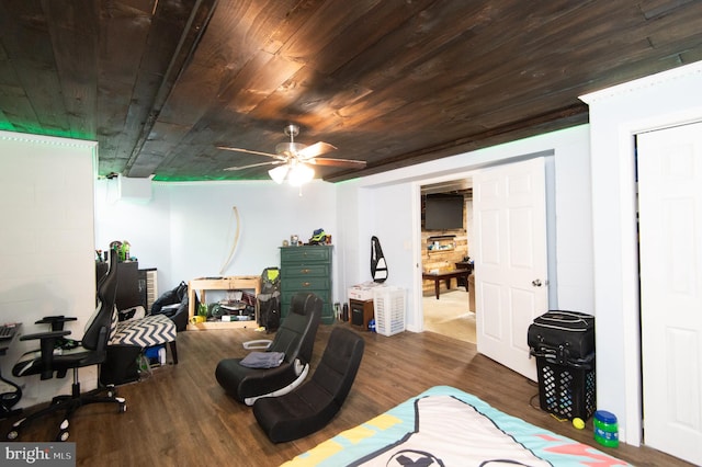 interior space featuring dark hardwood / wood-style floors and wooden ceiling