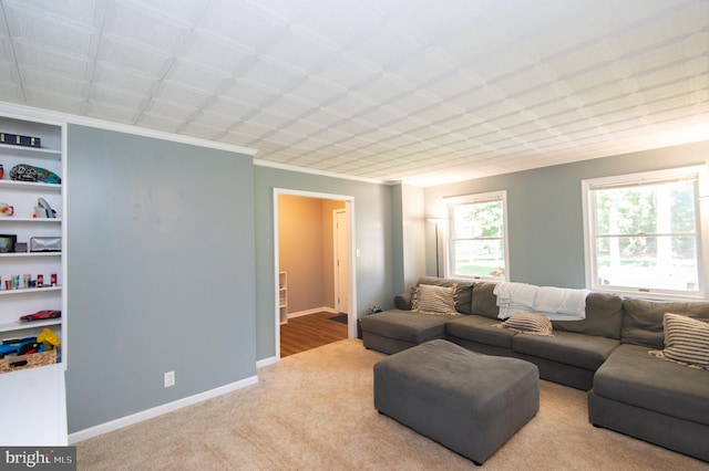 carpeted living room featuring crown molding