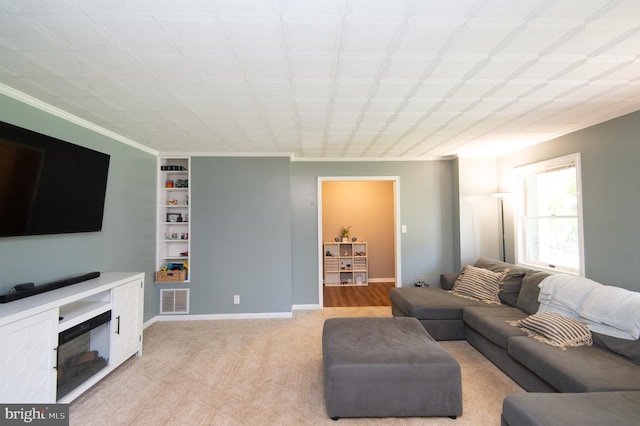 living room featuring light colored carpet and ornamental molding