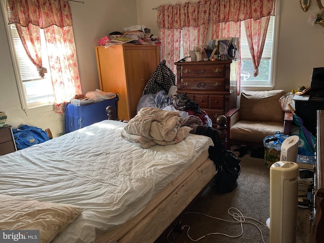 bedroom featuring dark carpet