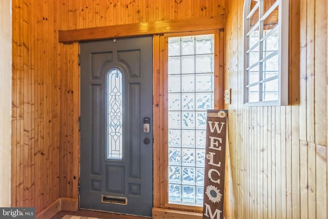 foyer featuring a healthy amount of sunlight and wooden walls