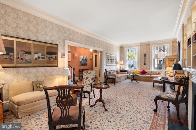 living room with crown molding