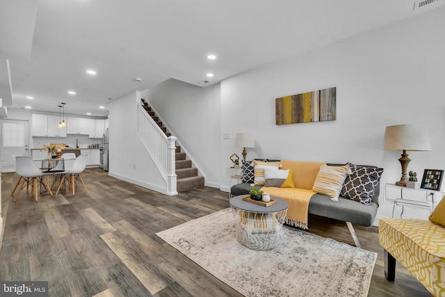 1710 Light St, Baltimore, MD 21230 - living room featuring stairs, recessed lighting, and dark wood-style floors