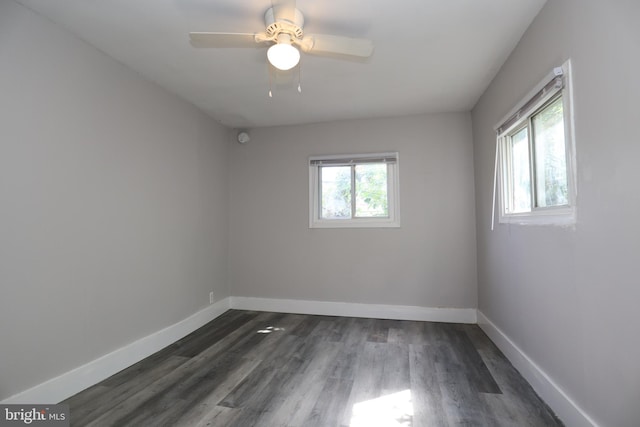 unfurnished room with ceiling fan, dark wood-type flooring, and a wealth of natural light