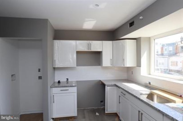 kitchen featuring light stone counters, dark hardwood / wood-style floors, and white cabinetry