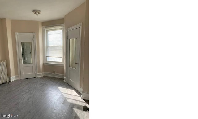 interior space with radiator and hardwood / wood-style flooring