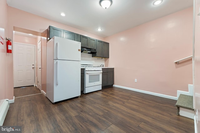 kitchen with a baseboard radiator, white appliances, and dark hardwood / wood-style flooring