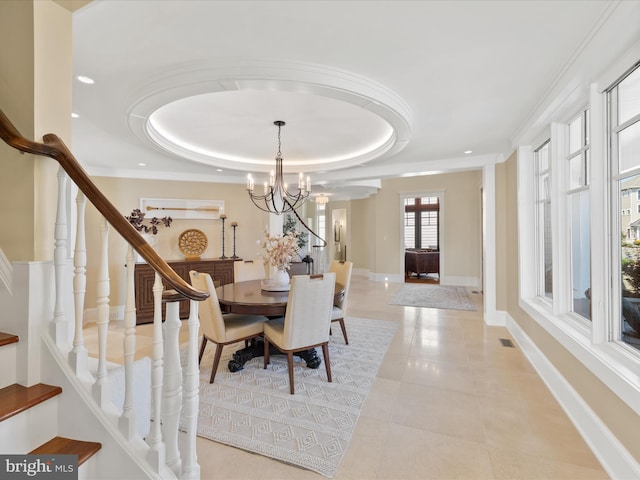 9601 Ocean Vw, Ocean City, MD 21842 - dining area featuring stairway, light tile patterned floors, baseboards, an inviting chandelier, and a raised ceiling