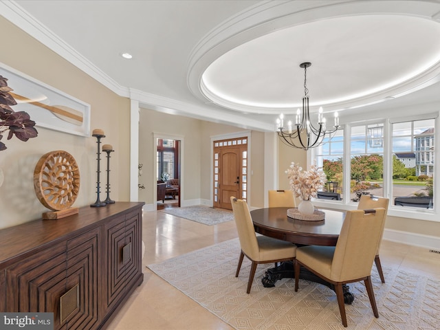 9601 Ocean Vw, Ocean City, MD 21842 - dining area featuring an inviting chandelier, baseboards, crown molding, and a tray ceiling