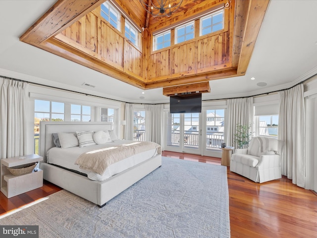 bedroom featuring a tray ceiling, multiple windows, and hardwood / wood-style floors