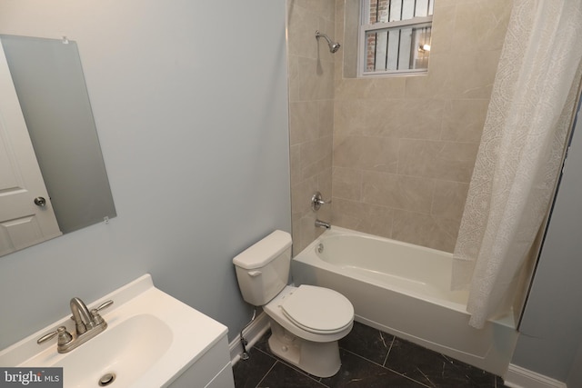 full bathroom with toilet, shower / tub combo with curtain, and vanity