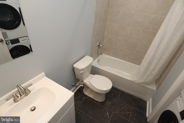 full bathroom with shower / bath combo, toilet, stacked washer and clothes dryer, and vanity