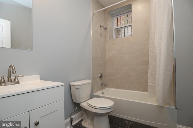 full bathroom with tile patterned flooring, vanity, toilet, and shower / tub combo with curtain