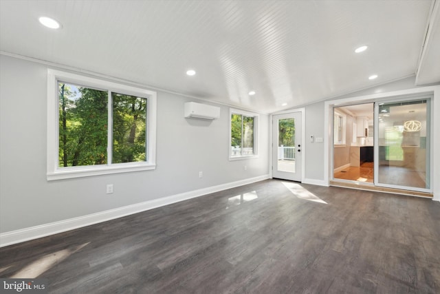 spare room with lofted ceiling, dark wood-type flooring, a wall unit AC, and cooling unit