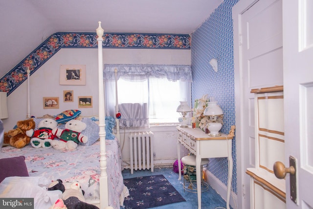 bedroom featuring radiator and carpet flooring