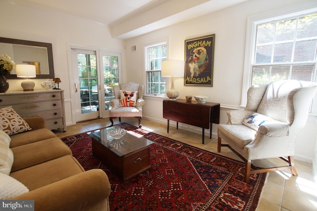 living room featuring ornamental molding, light tile patterned floors, and a wealth of natural light