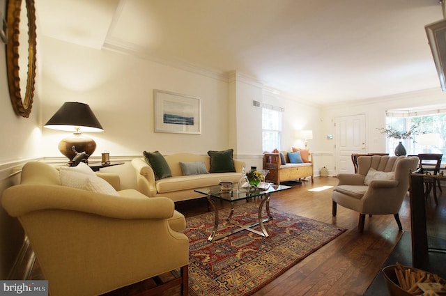 living room featuring plenty of natural light, dark hardwood / wood-style floors, and crown molding