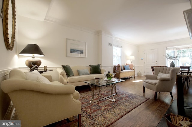 living room with dark hardwood / wood-style floors and crown molding