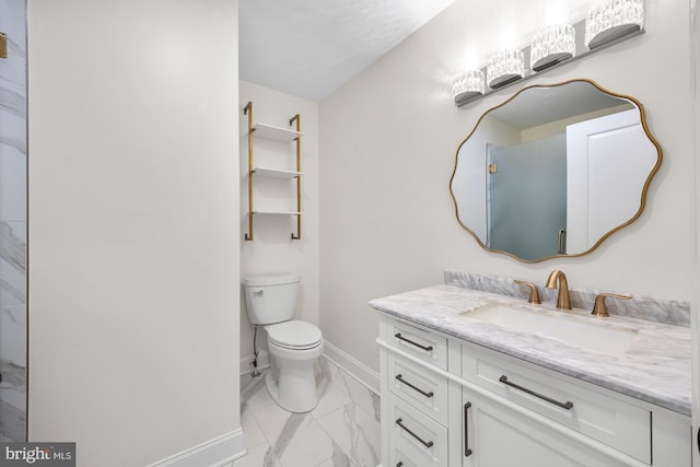 full bathroom with toilet, marble finish floor, baseboards, and vanity