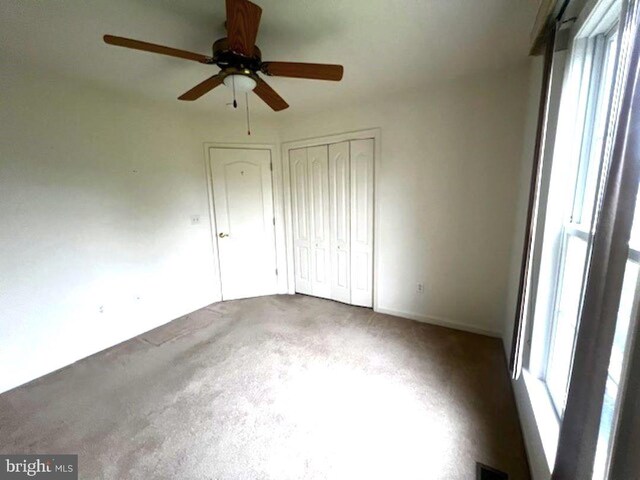 interior space featuring ceiling fan and carpet floors