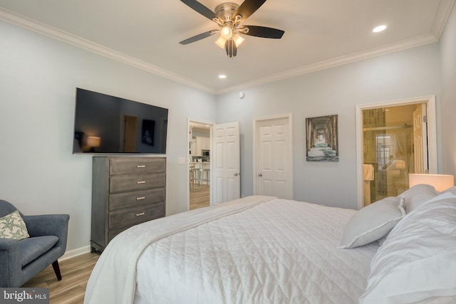 bedroom with crown molding, ceiling fan, and light hardwood / wood-style floors