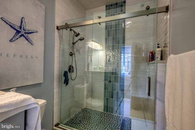 bathroom featuring a shower with shower door