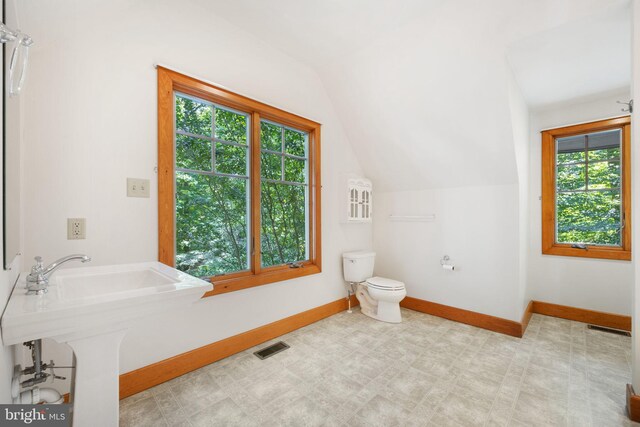 bathroom with toilet, a wealth of natural light, sink, and lofted ceiling