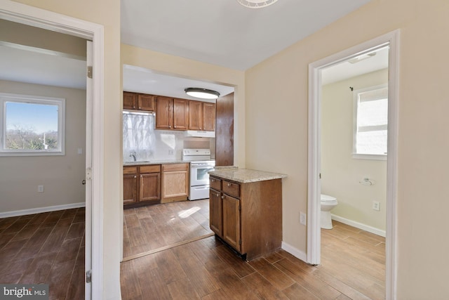 kitchen with dark hardwood / wood-style floors, sink, a healthy amount of sunlight, and white range oven